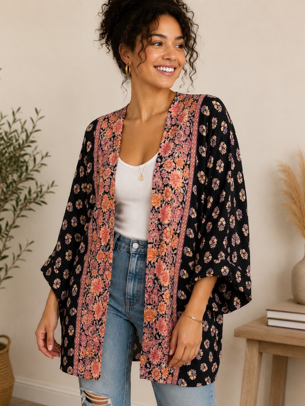 Angie Black Floral Boho Open Front Kimono Cardigan Small NWT A-303